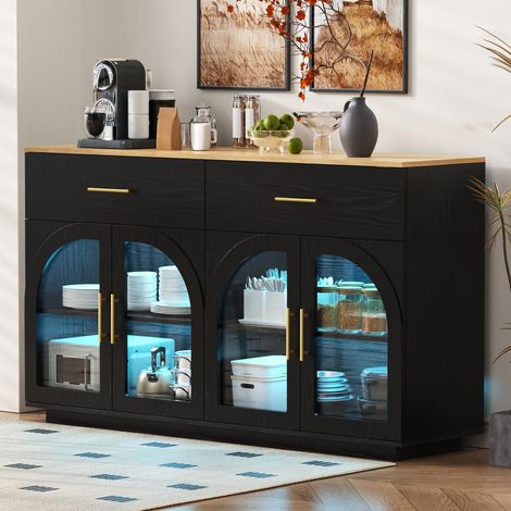 Buffet de cuisine avec éclairage LED intégré et plan de travail, meuble de cuisine à 2 tiroirs et 4 portes, avec étagères intérieures pour la vaisselle et les ustensiles, 147 × 40 × 86 cm, noir (1/5)