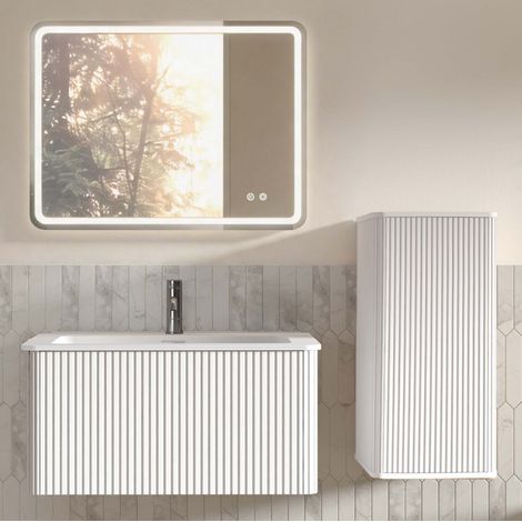 Meuble de salle de bain avec vasque, miroir LED et colonne suspendue, blanc DESVIAE (1/5)