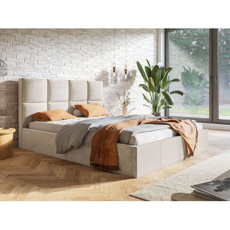 Lit rembourré avec rangement 160x200 velours beige Malo (1/5)