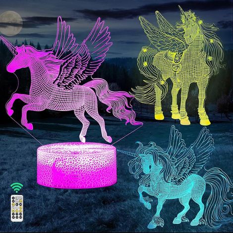 Veilleuse licorne 3D SCSYV pour chambre de fille, 3 modes d'éclairage, minuterie, 7 couleurs et télécommande, lampe de nuit LED illusion d'optique, jouet cadeau (1/5)
