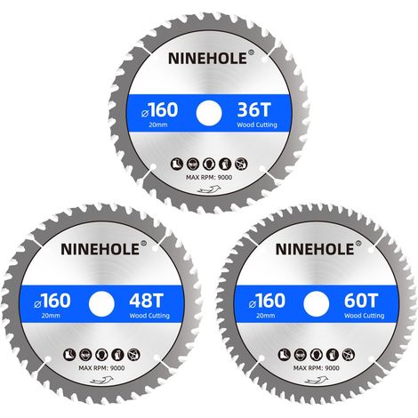 3pcs Lames de scie circulaire 160 x 20 mm (anneau 16 mm), 48 dents Coupes propres, Lame scie Circulaire Disque à Tronçonner pour Bois, Cloison, Contreplaqué, Plastique (1/5)
