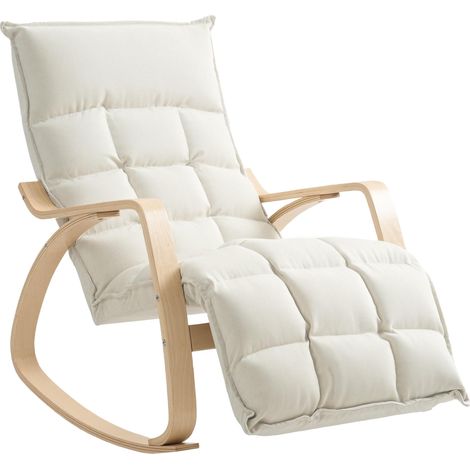 Rocking chair avec repose-pieds réglables, rocking chair avec pieds en bois de bouleau, 67 x 106-123 x 92 cm, crème