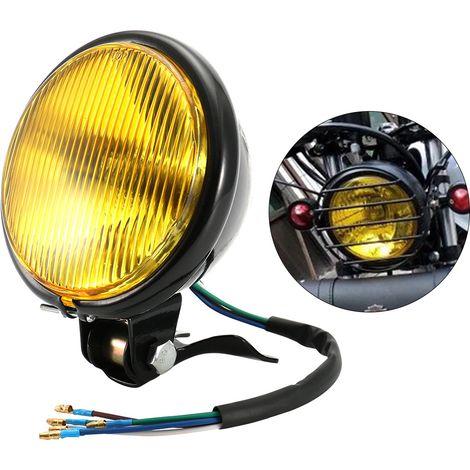 Phare avant moto rétro noir coque jaune ampoule projecteur lampe tête de fourche universelle (1/5)