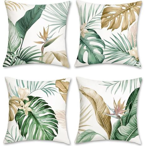 Housse de Coussin Feuilles Tropicales 45 x 45 cm Feuille Brun Vert Velours Doux Décoratif Taie d'oreiller pour Canapé Maison Décoration 4 Pièces (1/5)