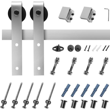 Kit de quincaillerie pour porte coulissante de grange 1,83 m, capacité 150 kg, compatible porte simple jusqu'à 91 cm de large et 3,5 à 4,4 cm d'épaisseur, rail robuste et galets en J argentés (1/5)