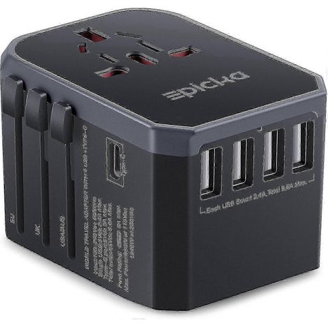 Adaptateur de voyage universel, chargeur mural international avec prise secteur, alimentation intelligente 5,6 A et port USB Type-C 3 A pour les États-Unis, l'UE et l'Australie (gris) C (1/5)