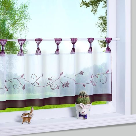 1 lot de rideaux brise-bise à passants Motif fleurs brodées Petit rideau de café Terri, 60 x 120 cm, baie (1/4)
