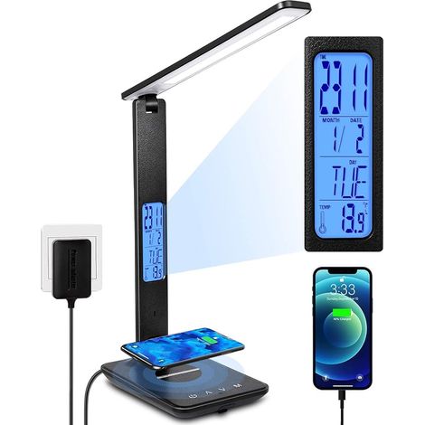 Lampe De Bureau LED - Avec Chargeur Sans Fil Qi Et Port USB - Horloge Intégrée Et Thermomètre - Réglage De La Température De Couleur Et De L’intensité - Pour Bureau Et Maison - 1 Pièce (1/5)