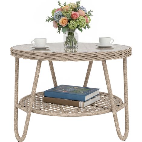 Tavolino da giardino giallo in rattan, tavolino laterale da giardino con ripiano, 65x65x50 cm, piano in vetro temperato