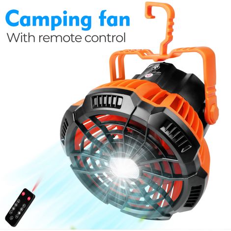 Lanterne de camping 2 en 1 avec ventilateur suspendu pour tente et batterie externe, idéale pour le camping et la pêche.