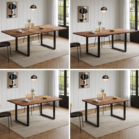Table à manger extensible avec 3 longueurs, 140/180/22080 cm, adaptée pour 6 à 10 personnes, forme rectangulaire, pieds en métal, style simple, table pour salle à manger et cuisine, couleur noyer (1/4)