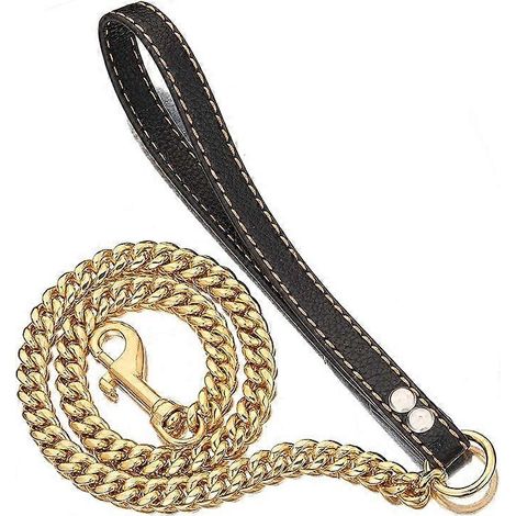 Laisse pour chien en chaîne dorée pour collier à maillons cubains, chaîne en métal robuste de 14 mm avec poignée rembourrée en cuir pour chiens de grande, moyenne et petite taille. (1/5)