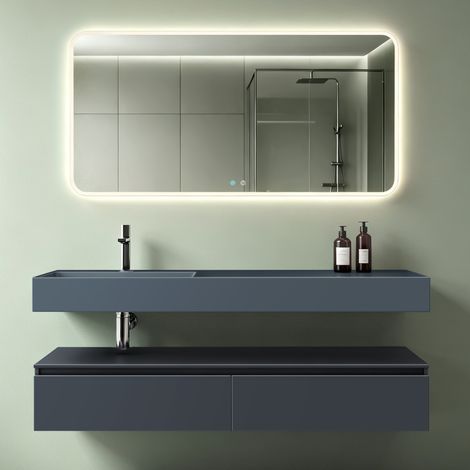 Mai & Mai Badmöbelset Waschtisch mit Unterschrank Anthrazit matt 150x48x25cm mit Soft-Close Schubladen inkl. Mineralguss-Waschbecken in matt Anthrazit und LED-Badspiegel UP