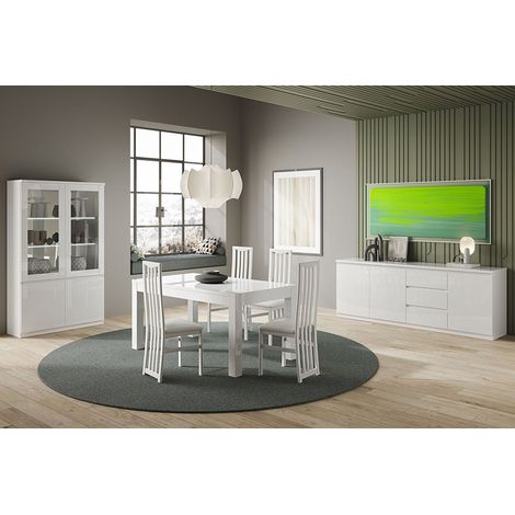 DEYTON - Ensemble Séjour Complet Laqué Blanc Table 138cm + Buffet + Vitrine avec Leds (1/5)