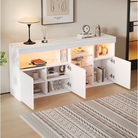 Sideboard 155.5x35x72 cm Weiß aus Spanplatte und Glas mit LED-Beleuchtung, Hochglanzfront und viel Stauraum (1/5)