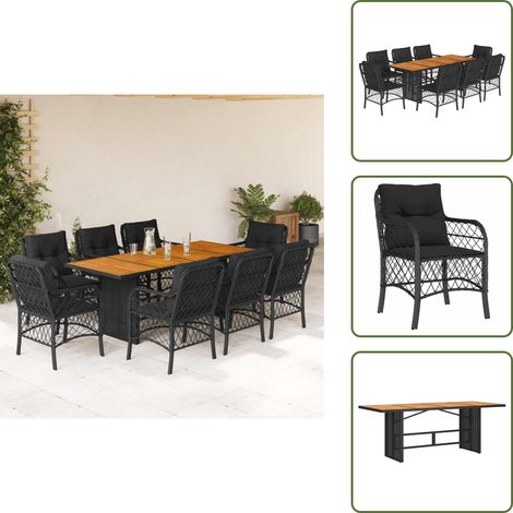 9-tlg. Garten-Essgruppe mit Kissen Schwarz Poly Rattan - Gartensessel - Gartenstuhl - Gartenmöbel Set - Outdoor Möbel - Esstisch (1/5)