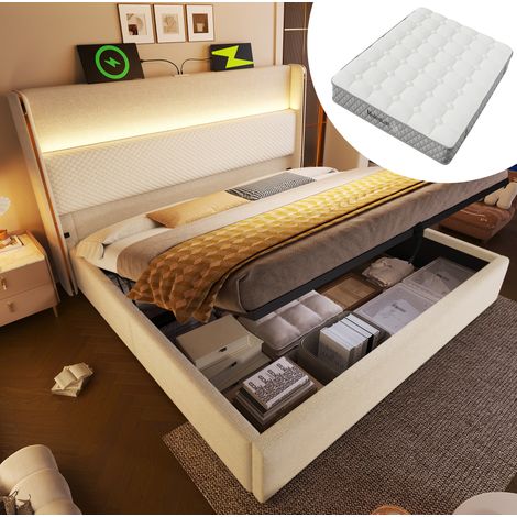 Letto matrimoniale 160x200 cm in lino beige con LED, contenitore e materasso (1/5)