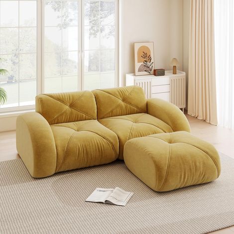 Canapé modulable, canapé moderne 2 places avec pouf, mousse haute densité 32D, idéal pour le salon, tissu chenille doux au toucher et adapté aux animaux, antidérapant, jaune (1/5)