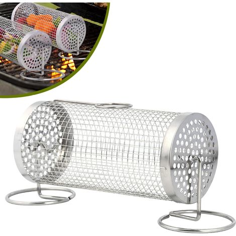 Panier à grillade cylindrique en acier inoxydable avec support, pour légumes et poisson, accessoire de camping
