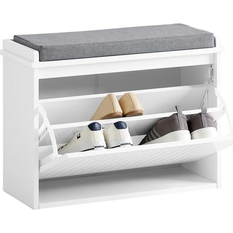 Sobuy – Banc à chaussures FSR98W – Meuble de rangement avec assise coussin rembourré – Dimensions L62xP26xH46cm – Blanc laqué (1/5)