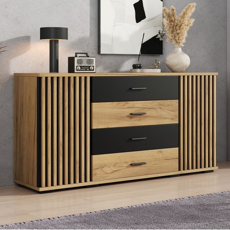 Credenza 140x35x70 cm in MDF nero e legno, 4 cassetti, contenitore per soggiorno – MEUBLIV (1/5)