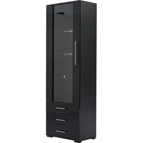 Vitrina alta negra brillante de MDF 60 x 35 x 180 cm con LED y 3 cajones (1/5)