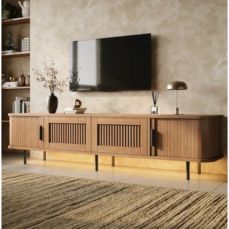 Meuble TV LED 180 x 40 x 44,5 cm avec éclairage contrôlé par application, 2 tiroirs, 2 portes coulissantes, façade structurée, bois clair, MDF et métal – CHICFURN (1/5)