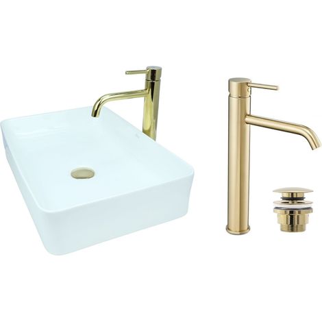 GTM Design Aufsatzwaschbecken 51 cm Glanz Set mit Waschtischbatterie und Stopfen - Aufsatzwaschbecken Rechteckiges für Badezimmer - Modernes Waschbecken ohne Hahnloch - Waschbecken mit Armature (1/5)