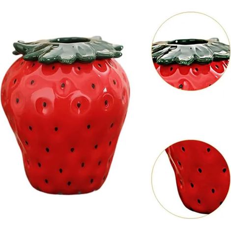 Red Creativity Vase à fraises en céramique pour fleurs, pot de fleurs unique en forme de fraise avec couvercle, décoratif pour la décoration de la maison