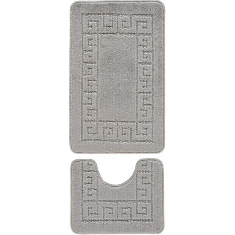 Ensemble de 2 tapis de bain antidérapants à motif de clé grecque, tapis doux et lavable, tapis de douche absorbant à séchage rapide et piédestal (anthracite) (1/4)