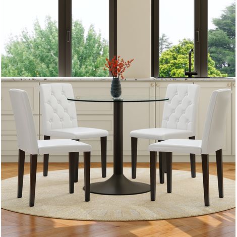 Ensemble table à manger ronde en verre 85 cm avec 4 chaises en PU blanc, pieds métal noir (1/5)