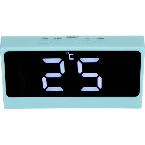 Réveil numérique silencieux à grand écran LED avec miroir et affichage intelligent de la température et de la date, miroir de maquillage de bureau lumineux bleu. (1/5)
