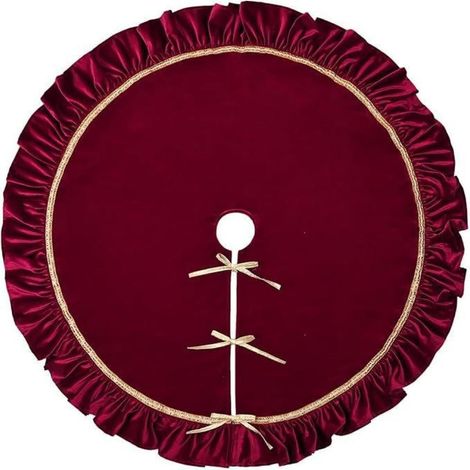 Falda de lujo para árbol de Navidad en terciopelo rojo vino, de 122 cm (48 pulgadas), adornada con volantes, ribete dorado y un lazo. (1/3)