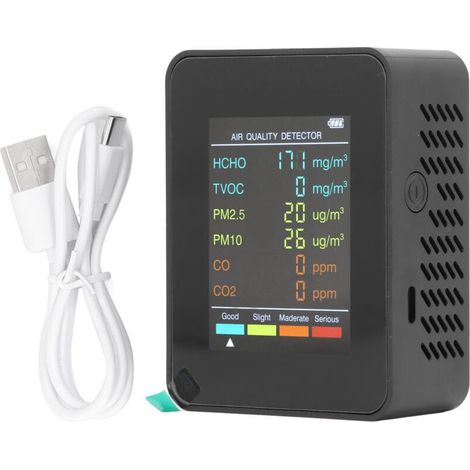 Testeur de qualité de l'air, Chargement USB. Large Utilisation dans Les pièces. Moniteur de CO2 pour Une Utilisation au Bureau. (Black) (1/4)