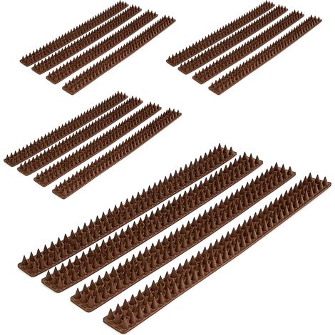 Relaxdays 16 x Bird Spike Panels, each 49 cm, for Fences, Walls & Railings, Anti Pigeon, 3 Rows, Plastic, Dark Brown