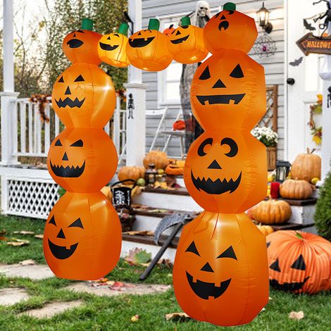 Aufblasbarer Halloween-Kürbisbogen 2,4 x 2 m, Schutzart IP44, mit Gebläse, riesige Kürbislaterne, künstlicher Familienkürbis mit LED-Beleuchtung, aufblasbare Außendekoration, europäischer Standard 220 (1/5)