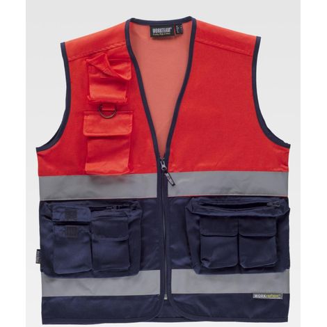 Chaleco tipo Safari con cintas reflectantes en pecho y espalda WORKTEAM C4047