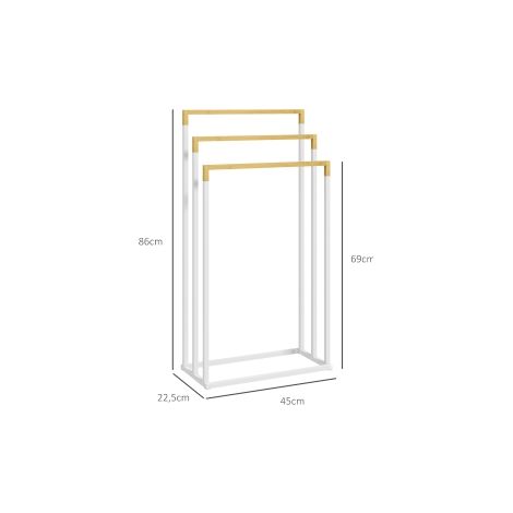 Porte-serviettes blanc sur pied en acier et bambou avec 3 barres pour salle de bains, chambre et buanderie (1/5)