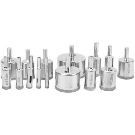 Jeu de 15 forets diamantés et scies cloches Pour marbre, céramique, verre Longueur 650mm, diamètres de 6 à 50mm