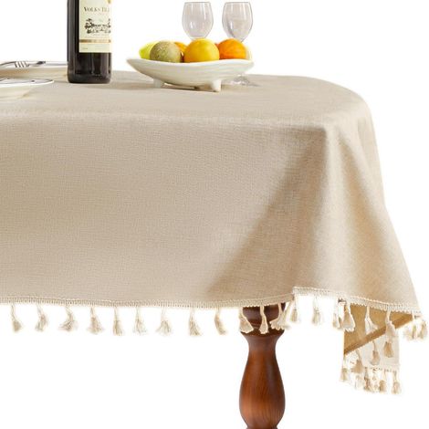 Nappe ovale Beige 140x240 cm Lin avec pompons, infroissable