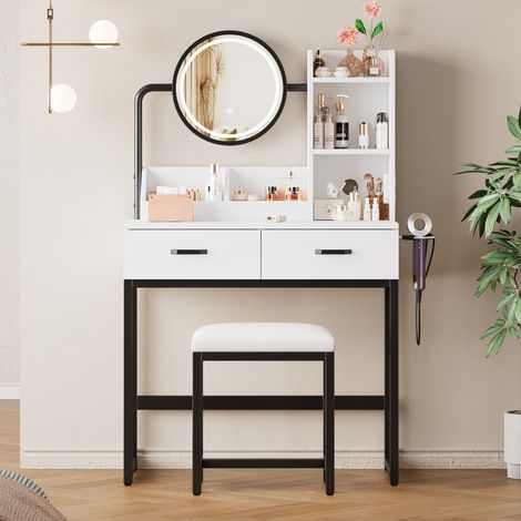 Tocador con sedia, con illuminazione LED, specchio girevole e presa di corrente, struttura metallica, 2 cassetti e 2 ripiani aperti – 80×138×40 cm – Nero (1/5)