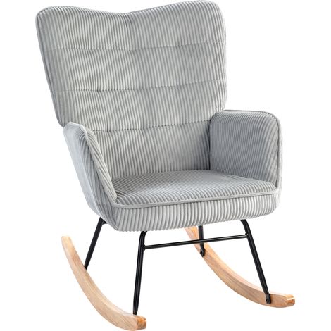 Fauteuil à bascule vintage gris clair, patins incurvés, rembourrage épais, bois de hêtre et acier
