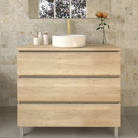 Meuble de salle de bain sans miroir avec vasque à poser ronde - bambou (chêne clair) - PALMA - 100cm (1/5)