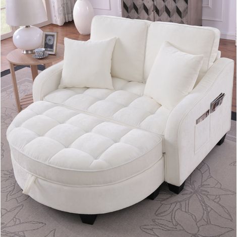 Sofá cama 132x129x93 cm, convertible en sofá, chaise longue y cama infantil, con puf de almacenamiento, eucalipto, beige (1/5)