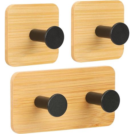 Handtuchhalter Holz, Wandhaken Holz, Haken Selbstklebend, Klebehaken Extra Stark, 3 Stück Handtuchhalter Bambus, Kleiderhaken Wand für Jacke, Schal, Hut (Wohnzimmer, Büro, Schlafzimmer) schwarz. (1/5)