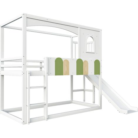 Cama alta infantil 90 x 200 cm con tobogán, escalera y estructura tipo casa blanca (1/5)