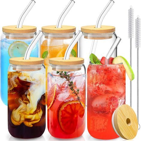 Set mit 6 Gläsern, 473 ml, Bambusdeckel, Glasstrohhalm, Silikondichtung, für selbstgemachten Kaffee/Cocktail (1/5)