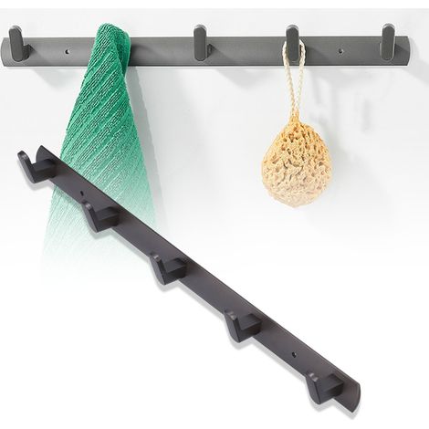 Perchero de pared de 45 cm de altura con 5 ganchos de aluminio para cocina, baño y dormitorio, inoxidable, de alta capacidad de carga, diseño moderno y minimalista. (1/5)