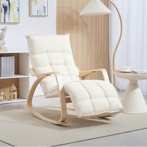 Silla mecedora de poliéster blanco crema 67 x 106-123 x 92 cm con reposapiés regulable (1/5)