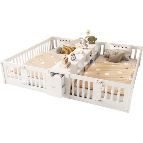 Lit enfant en bois 90x200 cm, lit double avec tiroir et étagère, cadre de lit avec barrière de sécurité, design au sol, Blanc (1/5)